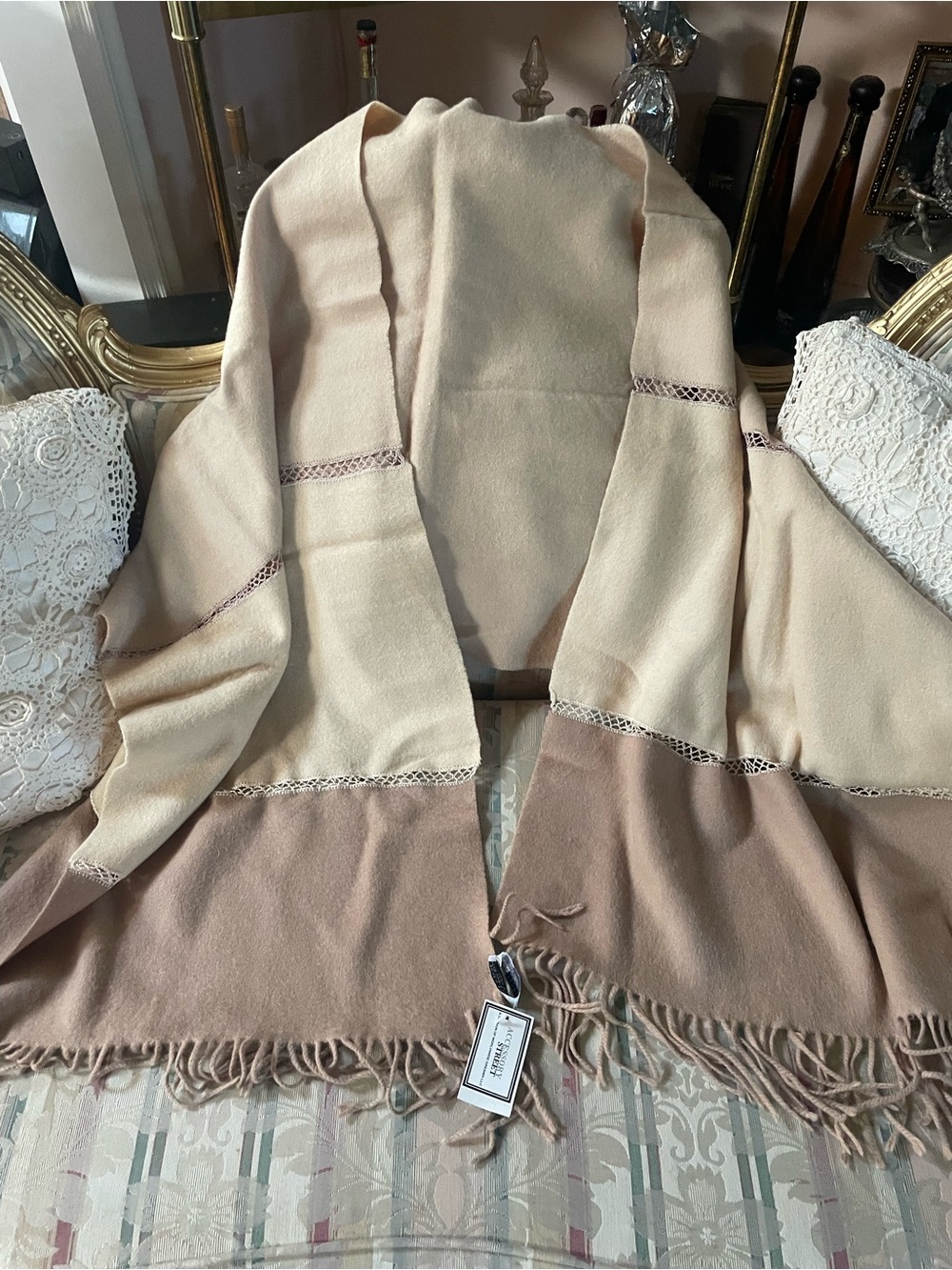 100 % wool Accessory Street tan scarf with lace trim 72” X20” #lace #scarf